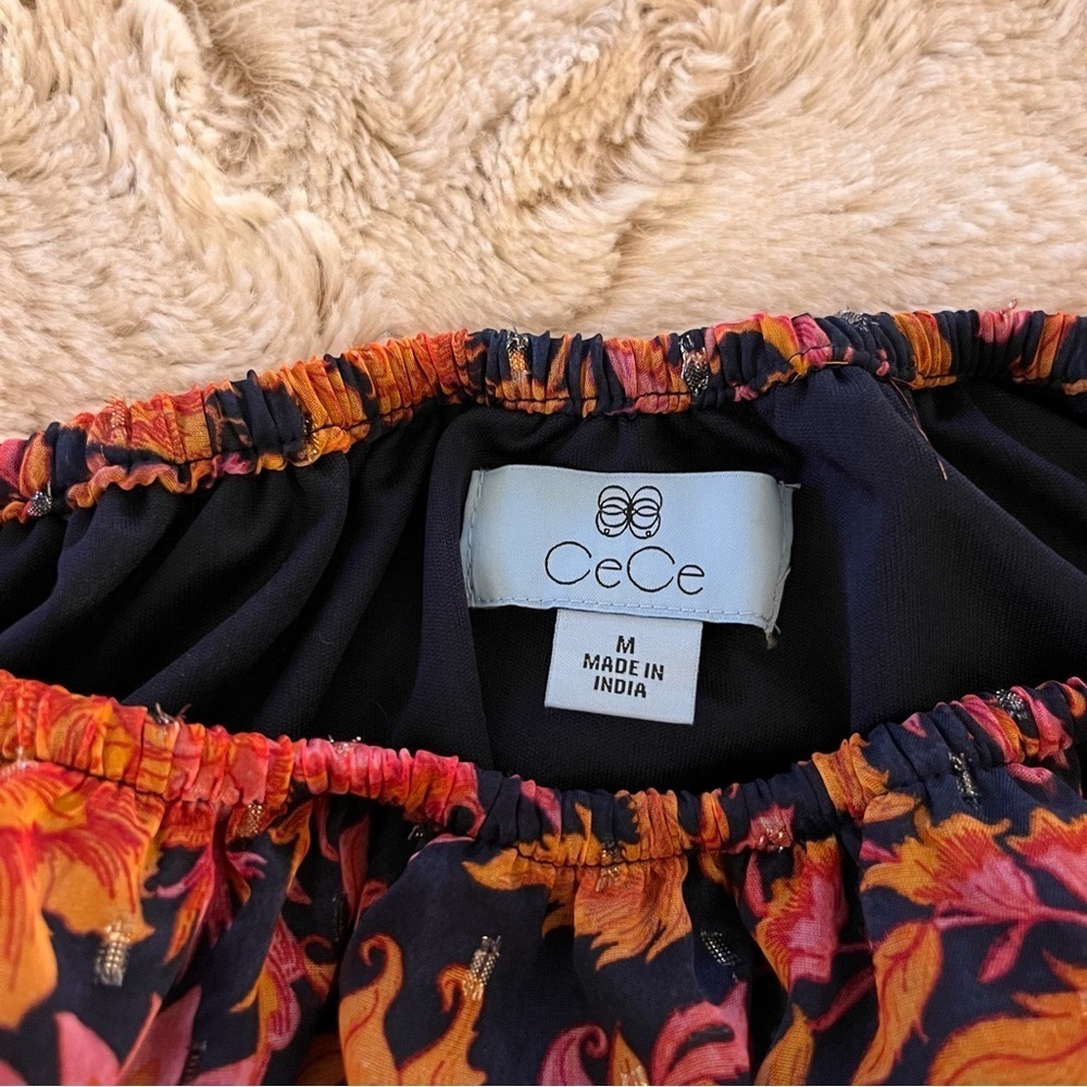 CeCe M Floral Puff Sleeves Bow Blouse Bold Orange Glitter Blue Showgirl Top - Picture 6 of 7